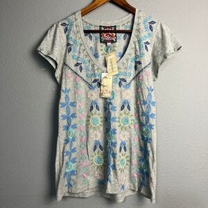 Johnny Was for Sundance Oriel Flutter Cap Sleeve Embroidered Tee Shirt Sm Artsy
